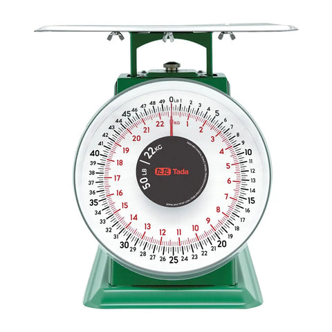 Front view of 50 Lb Heavy Duty Mechanical Dial Kitchen Scale with Stainless Steel Platform Built Tough for Accurate Food Portions Easy To Read Dial Rust Resistant Steel Shatter Proof Lens Durable Commercial Grade