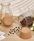 Two Large Cork Bottle Stoppers Set For Canning Jars And Bottles, wooden tapered plugs with coffee beans on a wooden table