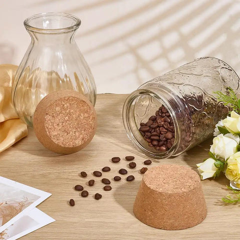 Two Large Cork Bottle Stoppers Set For Canning Jars And Bottles, wooden tapered plugs with coffee beans on a wooden table