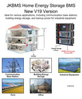 JKBMS Home Energy Storage BMS New V19 Version image showing energy storage use for buildings and farms, including wiring and inverter.