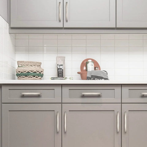 Installed 20 Pack Solid Zinc Alloy Cabinet Handles In Brushed Nickel, 3 Inch Center To Center, on grey kitchen cabinets.