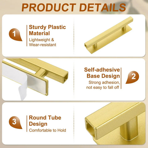 Four Pack Self Stick Push Pull Cabinet Door Handles No Drill Adhesive 6 Inch Rectangle Stick On Pull Handles For Kitchen Cabinets Windows Closets Wardrobes Gold Finish No Fuss Grab And Go gold self-adhesive plastic cabinet handle close-up