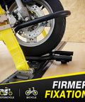 7 Inch Motorcycle Wheel Chock and E Track Ratchet Strap Bundle securing a motorcycle wheel, installed on E-Track