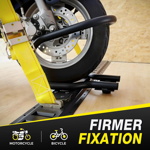 7 Inch Motorcycle Wheel Chock and E Track Ratchet Strap Bundle securing a motorcycle wheel, installed on E-Track