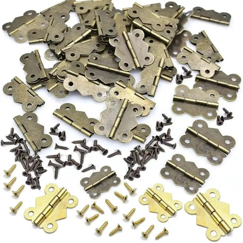 Butterfly Butt Hinge Set With Screws, Iron Door And Cabinet Hinges in various sizes, with gold and black hinges and screws