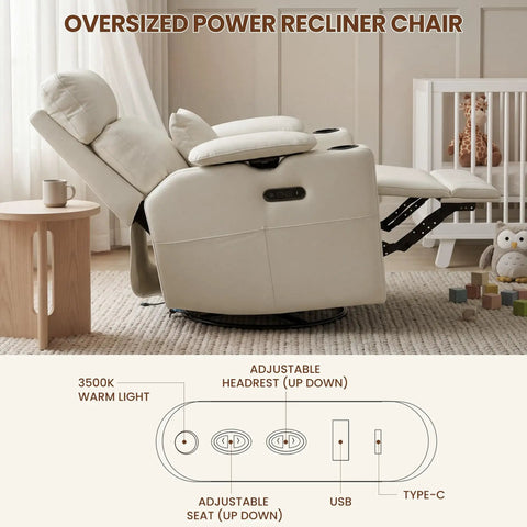 Electric Swivel Nursing Rocker With Adjustable Armrests And Headrest, Glider Nursery Chair in beige with USB port, nightlight and cup holder, reclined position in nursery setting