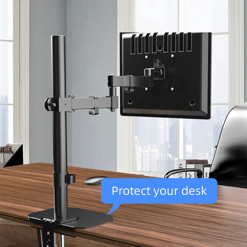 Kingpin Steel Reinforcement Plate for Glass Desk Adds Savage Stability to Monitor Mount Setup with Secure C-Clamp Grip and Zero Shake Guarantee for Desktop Vibe, mounted on a black monitor arm over a wooden desk.