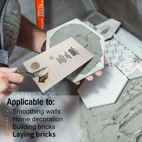 Using Narrow Bucket Pro Grade Heavy Duty Brick Trowel With Wooden Handle for precise mortar on tile, text overlay present