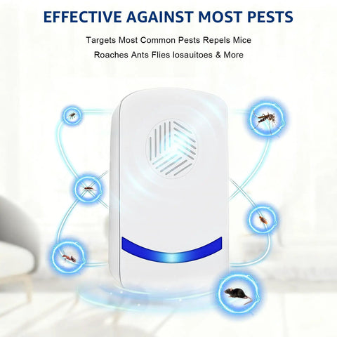 Diagram showing Upgraded Ultrasonic Pest Repeller 2026 targeting insects and rodents with light and frequency waves in a living room.