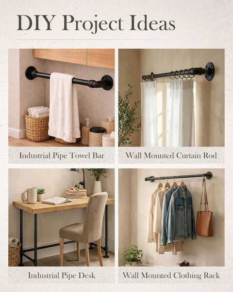 DIY project ideas showcasing Ten Pack Half Inch By Fourteen Inch Black Malleable Iron Pipe Nipples Fittings For DIY Steampunk Industrial Vintage Style Projects with applications like towel bar, curtain rod, desk, and clothing rack.