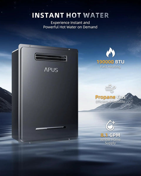 Rock Solid 190000 BTU Outdoor Propane Tankless Water Heater Serves Up A Sweet 8.1 GPM Of Instant Hot Water With Smart WiFi Control For Total Household Coverage against a scenic background.