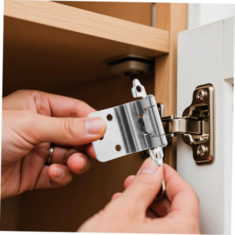 Close-up of a silver self-closing inset cabinet hinge being installed on a wooden cabinet door.