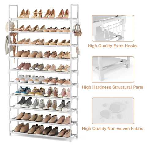 Heavy Duty Ten Tier Shoe Rack Wide Metal Organizer Tall Entryway Storage Shelf With Coat Hooks showing shoes organized neatly