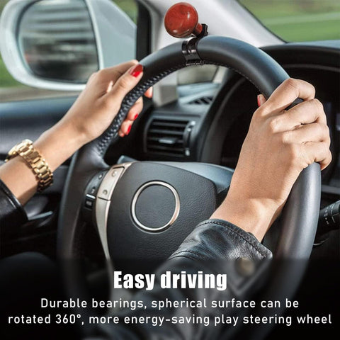Woodgrain Steering Wheel Spinner Knob for Easy One Hand Driving installed on black steering wheel in car interior