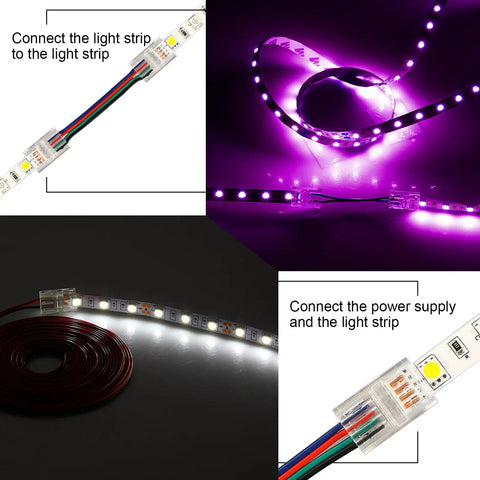 10 Pack 4 Pin 10mm Solderless LED Strip Light Connectors And 16.4 Ft Conductor Extension Cable With Screwdriver For No Fuss Waterproof RGB LED Strip Lights Track Lighting in use.