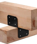 Roof Joint Connector Set For Pergola And Gazebo, 4 Steel Brackets And Post Connectors, close-up view of black steel bracket on wood