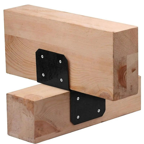 Roof Joint Connector Set For Pergola And Gazebo, 4 Steel Brackets And Post Connectors, close-up view of black steel bracket on wood