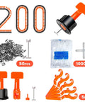 Pro Grade Tile Leveling System Kit with 200 reusable leveler spacers, 1000 cross spacers, 50 steel T pins, 5 wrenches