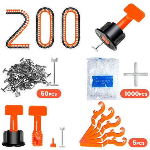 Pro Grade Tile Leveling System Kit with 200 reusable leveler spacers, 1000 cross spacers, 50 steel T pins, 5 wrenches