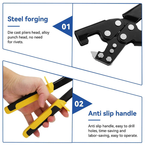 Close-up of Heavy Duty Steel Stud Crimper Pliers Framing Tool with ergonomic anti-slip handle and alloy punch head for keels.