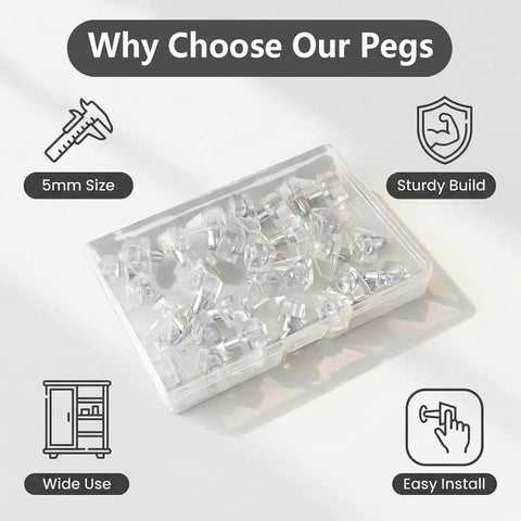 Clear Shelf Pegs 30 Pack 5mm Transparent Cabinet Support Holders in a case showing sturdy clips for easy installation.