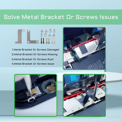 All In One IPhone 8 And SE 2nd Gen 2020 Inner Parts Screws Set With Full Internal Metal Bracket Replacement Kit And Bottom Plate Cover Plus Small Screwdriver image showing screws and brackets solving issues.