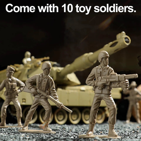 Realistic M1A2 Abrams RC Tank With IR Battle, Lights And Sounds, 1 To 28 Scale Military Vehicle with toy soldiers front view