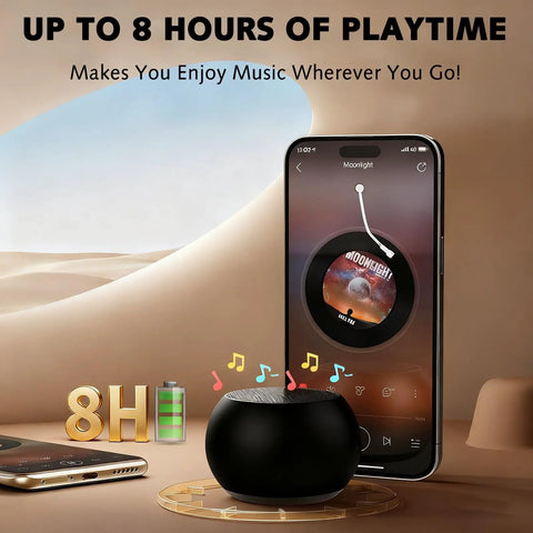 Pocket Sized Bluetooth Speaker With Deep Bass And Crisp Highs, 5W Stereo Sound next to smartphone displaying music app, IP7 Waterproof.
