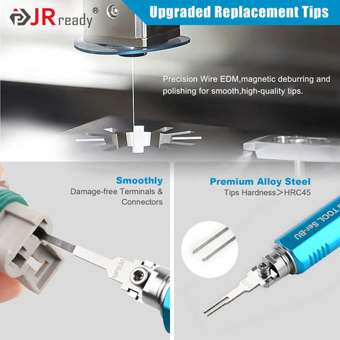 ST5349 Pin Removal Tool Kit with upgraded replacement tips showing precision and use on connectors.