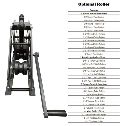Dinenovate Tr-60 Manual Pipe Bender For 1-50 Inch Round Tube with optional roller capacity chart for various tube sizes.