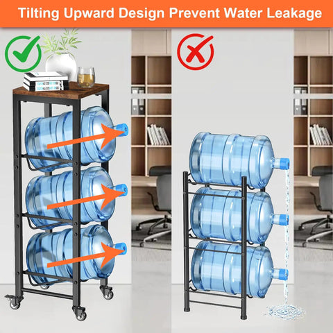 Heavy Duty Workhorse Three Tier Water Bottle Holder Holds Five Gallon Jugs Rolls Smooth On Lockable Casters With Rust Resistant Steel And Solid Wood Top Shelf Knocks Out Clutter In Any Garage