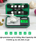 Ultra Precise Milligram Scale 0.001g With 50g Capacity For Jewelry Gold Powders And Coins Six Units G Oz Ozt Dwt Ct Gn Auto Tare Cal Weight Pocket Sized On The Go Battery Powered Digital Scale displaying 16.304g with spoon and ingredients.