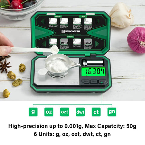 Ultra Precise Milligram Scale 0.001g With 50g Capacity For Jewelry Gold Powders And Coins Six Units G Oz Ozt Dwt Ct Gn Auto Tare Cal Weight Pocket Sized On The Go Battery Powered Digital Scale displaying 16.304g with spoon and ingredients.