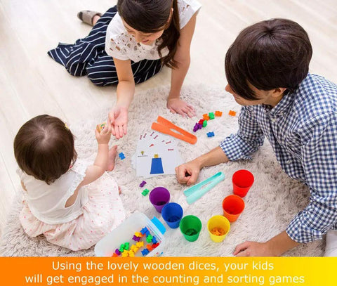 Kids engaged with Super Cool Rainbow Counting Bears Set Sixty Bright Plastic Bears And Matching Sorting Cups playtime activities.