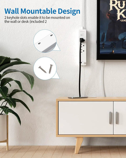 Ultra Thin 15 Ft Flat Extension Cord With 3 Outlets And 2 USB Ports, Wall Mount Power Strip setup on wall above cabinet