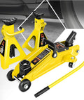 Low Profile Hydraulic Trolley Floor Jack Kit With 2 Ton Capacity, Comes With 2 Ratchet Jack Stands, Safety Overload, Rotating 360 Degree Handle, Built Tough Yellow Finish displayed on a garage floor.