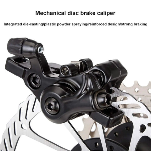 Heavy Duty Mechanical Disc Brake Kit For Mountain And Folding Bikes Featuring Rock Solid Aluminum Calipers showing detailed braking components.