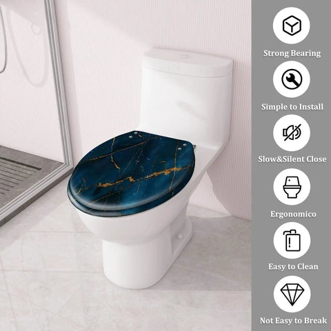 Toilet Seat Round Resin for Bathroom, blue marble design, fits most toilets, 14.5" x 16.5", durable and easy to clean.