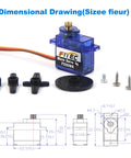 5 Pack 9G Micro Servo With 360 Degree Continuous Rotation And Metal Gear MG90 Mini Servo with accessories and dimensional drawing