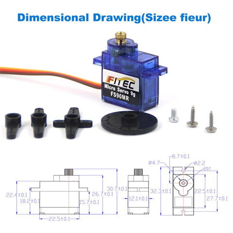 5 Pack 9G Micro Servo With 360 Degree Continuous Rotation And Metal Gear MG90 Mini Servo with accessories and dimensional drawing