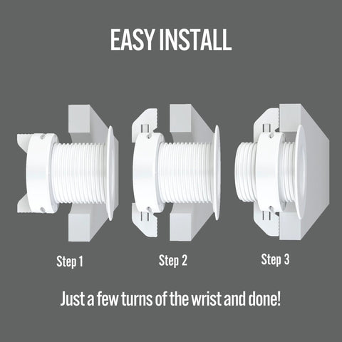 3-step easy install of 2 Pack Patented White Self Securing Cable Grommet With Cap Slider Tool Free Locking Cable Management For Walls Ceilings And Desks