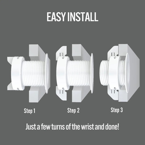 Installation steps for Cable Grommet With Cap Slider Locking Tool Free Securing Design For Walls Ceilings Desks in white, diagram showing three stages