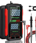 USB Rechargeable Digital Multimeter With Smart Auto Display, Pro Grade AC And DC Voltage And Current Tester For Industrial Electrical Issues, Safe Up To IEC CAT III 1000V And CAT IV 600V, Double Fuse Protection, CE RoHS displaying readings with probes and USB cable