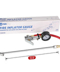 Tire Inflator With Pressure Gauge And 12 Inch Rubber Hose Straight On Air Chuck Quarter Inch NPT Inlet 10 To 160 PSI Range