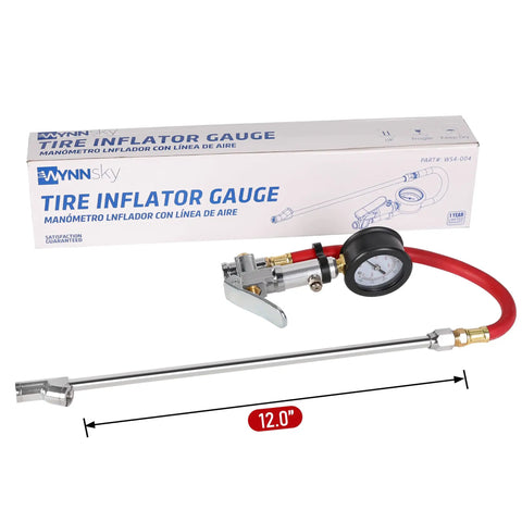 Tire Inflator With Pressure Gauge And 12 Inch Rubber Hose Straight On Air Chuck Quarter Inch NPT Inlet 10 To 160 PSI Range