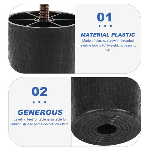 Close-up of 4 Pack Adjustable Furniture Levelers Screw On Feet for Cabinets And Tables 50mm Tall Plastic And Iron Legs With M8 Thread