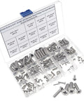 Solid Boss Level Hardware Must Have 185 Piece Phillips Flat Head Countersunk Screws 14 Size UNC Imperial 304 Stainless Steel Machine Bolt Assortment Kit in a compartment case.