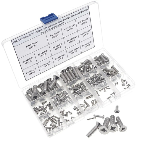 Solid Boss Level Hardware Must Have 185 Piece Phillips Flat Head Countersunk Screws 14 Size UNC Imperial 304 Stainless Steel Machine Bolt Assortment Kit in a compartment case.