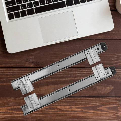 Heavy Duty Keyboard Drawer Slides With Bulletproof 35mm Wide Silver Rail Kit For Slick Office Setup No Brainer Swap Computer Table Replacement Hardware One Pair on wooden desk.