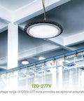 UFO LED High Bay Light 150W Dimmable, 19,479 Lumens, 5000K Daylight hanging in industrial space 120-277V view